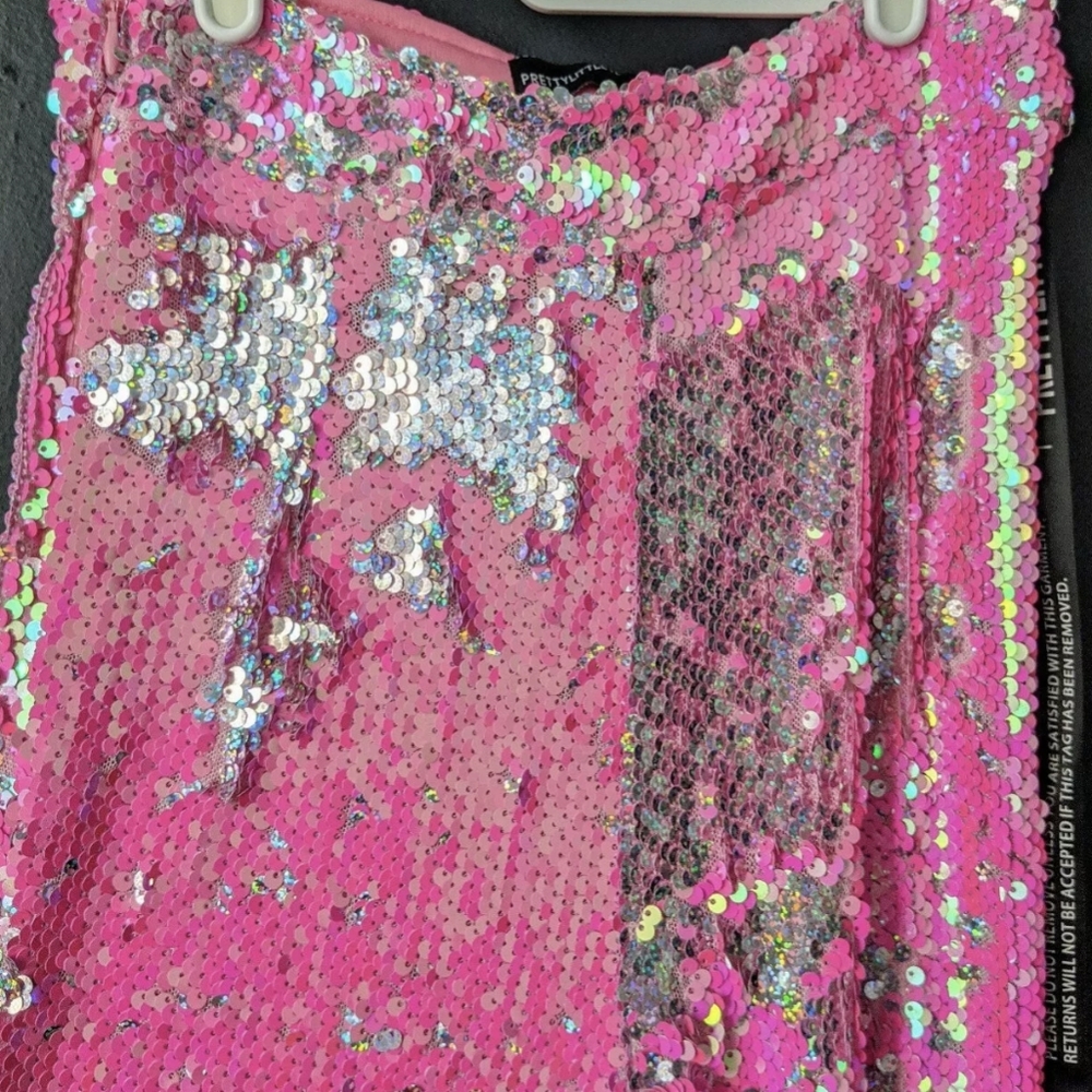 PLT Hot Pink Iridescent Sequin High Waisted Flare Leg Disco Pants XS - Picture 2 of 5